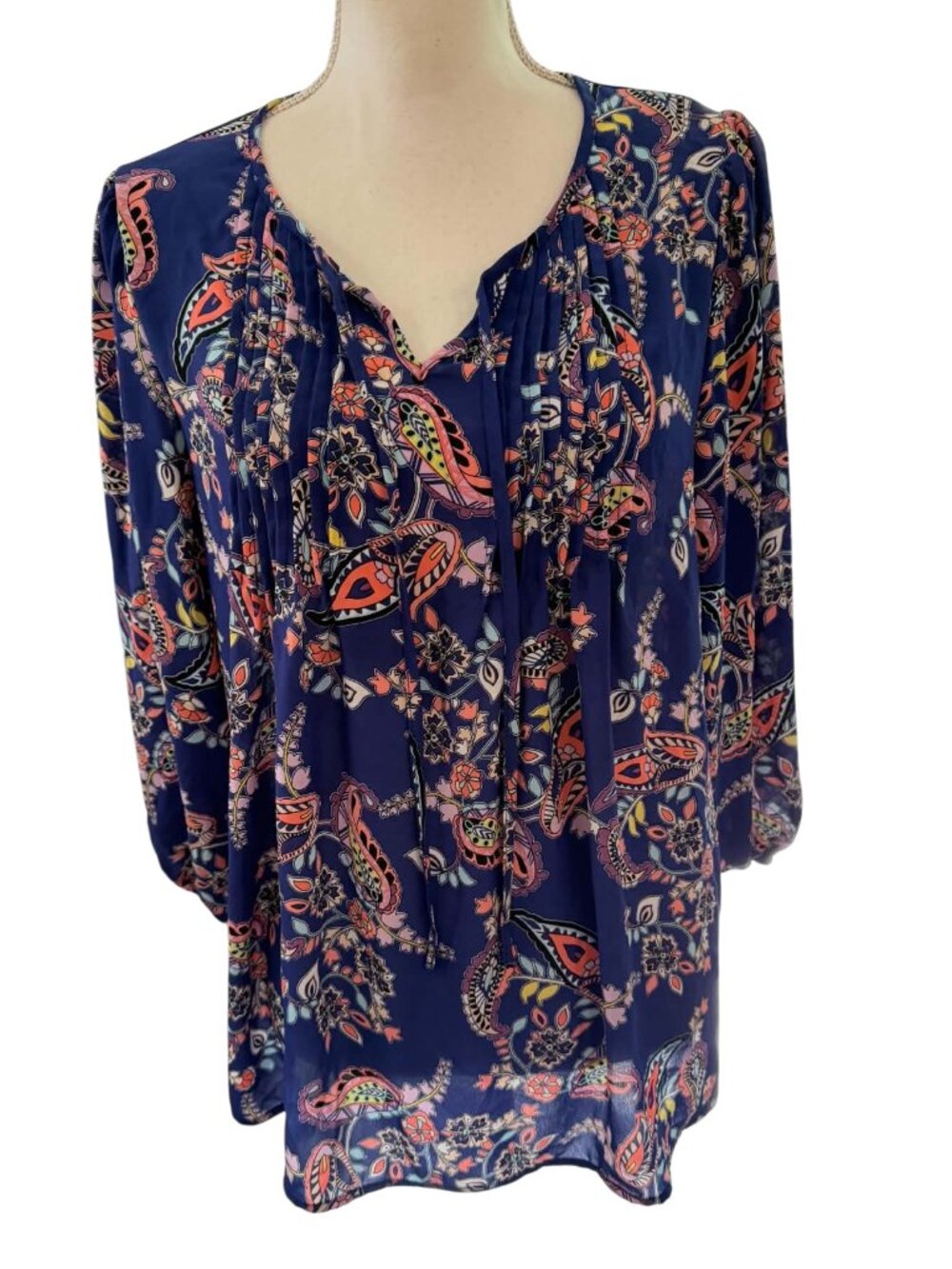 Counterparts Navy Blue Silky Paisley Pattern Peasant Blouse